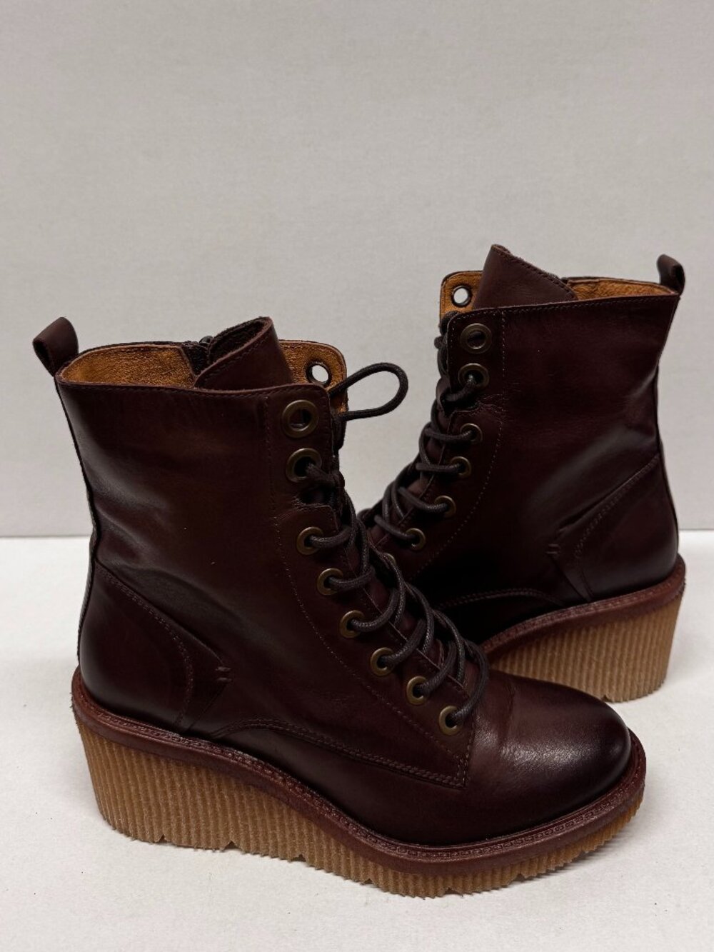 MIZ MOOZ WEDGE LEATHER BOOTS LACE UP SIDE ZIP BROWN 37EU / 7US NEW B - 29